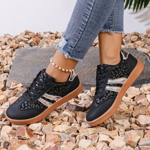 Shoes - Contrasting Leopard Metallic Lace-up Sneakers Faux Leather Flat Athletic Shoes